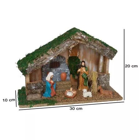 Portal de Belén con 6 Figuras para Nacimiento, Pintada a Mano, 30 x 10 x 20 cm