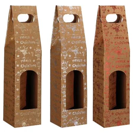 Pack 3 Cajas Merry Chrismas 38,5 x 8,8 x 8,3 cm para Botella de Vino con Ventana y Asa - Navidad