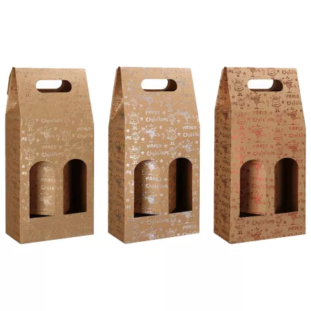 Pack 3 Cajas Merry Chrismas 38,5 x 18 x 8,3 cm para Botellas de Vino con Ventanas y Asa - Navidad