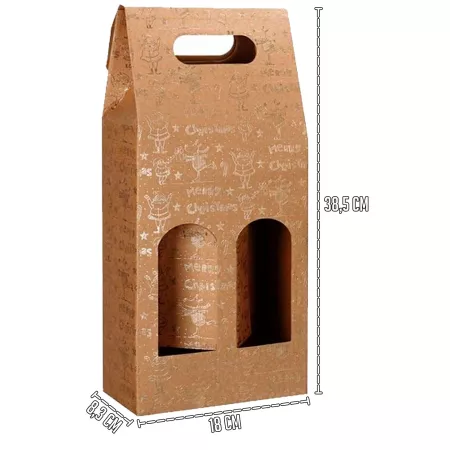 Pack 3 Cajas Merry Chrismas 38,5 x 18 x 8,3 cm para Botellas de Vino con Ventanas y Asa - Navidad