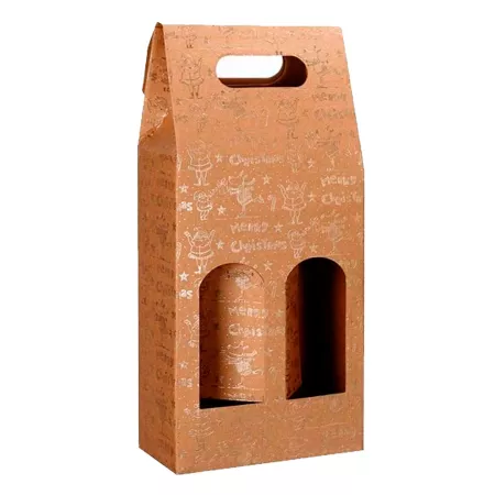 Pack 3 Cajas Merry Chrismas 38,5 x 18 x 8,3 cm para Botellas de Vino con Ventanas y Asa - Navidad