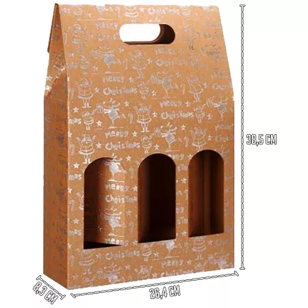 Pack 3 Cajas Merry Chrismas 38,5 x 26,4 x 8,3 cm para Botellas de Vino con Ventanas y Asa - Navidad