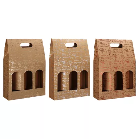 Pack 3 Cajas Merry Chrismas 38,5 x 26,4 x 8,3 cm para Botellas de Vino con Ventanas y Asa - Navidad