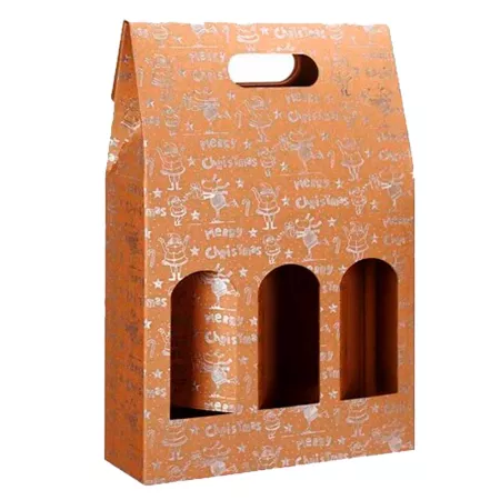 Pack 3 Cajas Merry Chrismas 38,5 x 26,4 x 8,3 cm para Botellas de Vino con Ventanas y Asa - Navidad