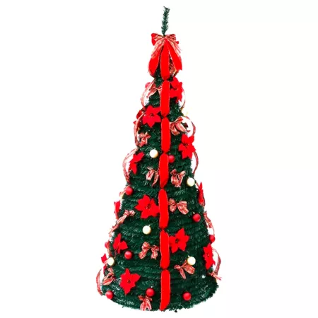 Árbol Plegable de Navidad artificial 150 cm verde decorado con cintas fácil montaje