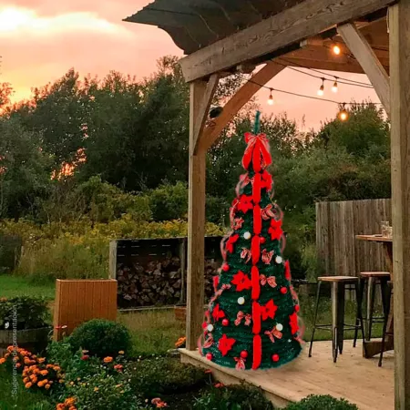 Árbol Plegable de Navidad artificial 150 cm verde decorado con cintas fácil montaje