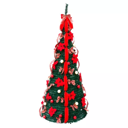Árbol Plegable de Navidad artificial 180 cm verde decorado con cintas fácil montaje
