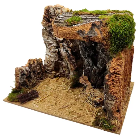 Cueva de Madera y Corcho para Belén, Pintada a Mano, 30 x 20 x 22 cm