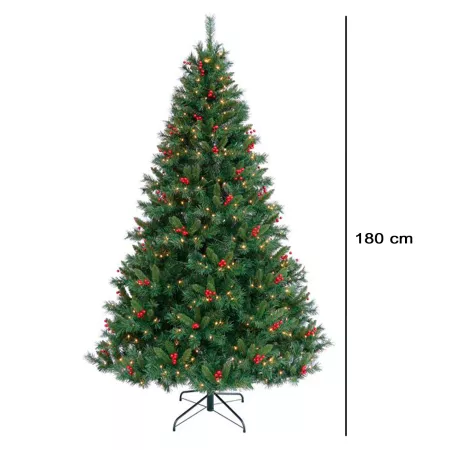 Árbol de Navidad artificial 180 cm verde decorado con 300 luces LED
