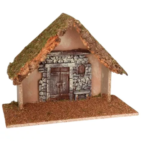 Cueva con puerta de Madera y Corcho para Belén, Pintada a Mano, 37 x 16 x 29 cm
