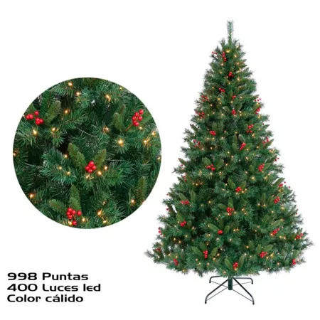 Árbol de Navidad artificial 210 cm verde decorado con 400 luces LED