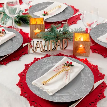 Pack 2 Bajoplatos Plateados Diseño Muérdago Navidad Ø33 cm - Mesa Festiva