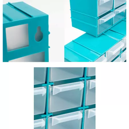 Organizador apilable 16 cajones plástico azul y transparente