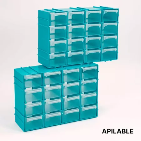 Organizador apilable 16 cajones plástico azul y transparente