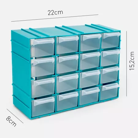 Organizador apilable 16 cajones plástico azul y transparente