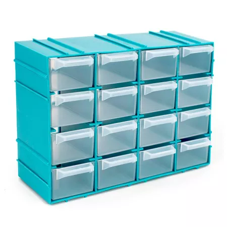 Organizador apilable 16 cajones plástico azul y transparente