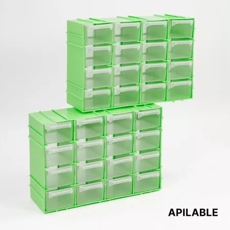 Organizador apilable 16 cajones plástico verde y transparente
