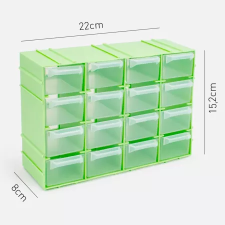 Organizador apilable 16 cajones plástico verde y transparente