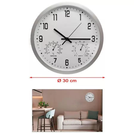 Reloj redondo de pared plateado con números grandes 30 cm