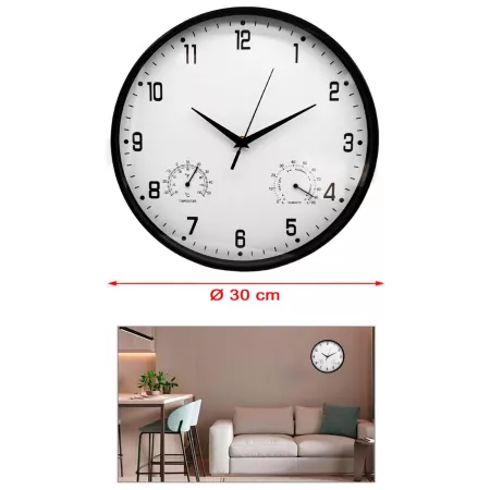 Reloj redondo de pared negro con números grandes 30 cm
