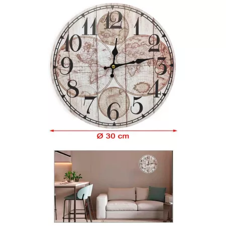 Reloj redondo de pared modelo Globos Terráqueos con números grandes 30 cm