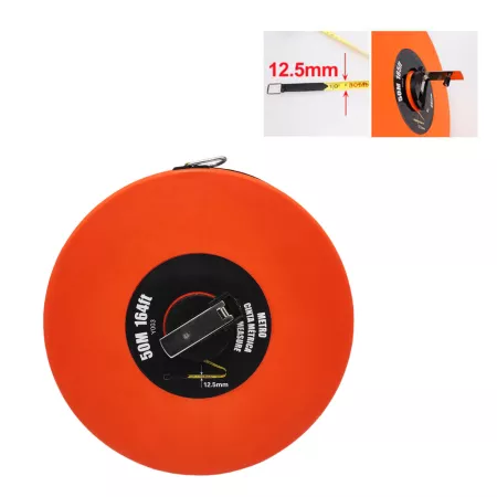 Cinta métrica de 50 metros con funda redonda, anilla y manivela.