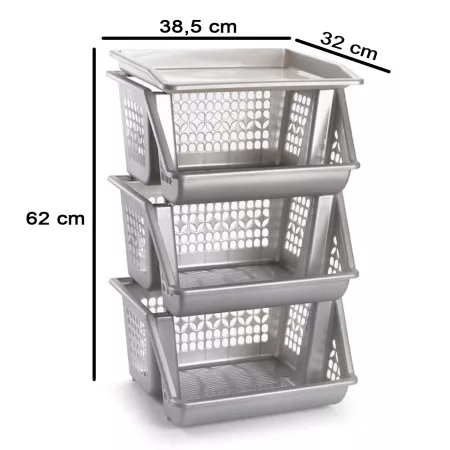 Pack 3 Cestas Apilables Multiusos Plástico Gris/Plata