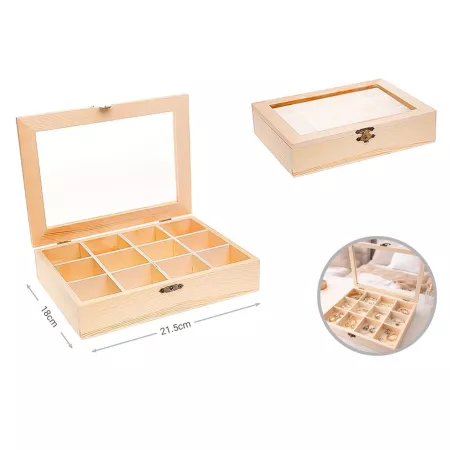 Expositor joyas madera natural 12 compartimentos con tapa cristal