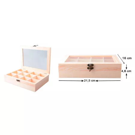 Expositor joyas madera natural 12 compartimentos con tapa cristal