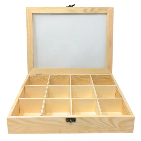 Caja de Madera con Tapa de Cristal para Joyas 12 Compartimentos
