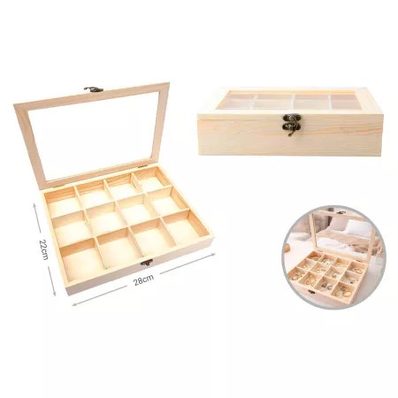 Caja de Madera con Tapa de Cristal para Joyas 12 Compartimentos