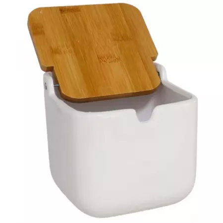 Salero de cerámica blanco con tapa de bambú, práctico y duradero Salero de cerámica blanco con tapa de bambú, práctico y duradero