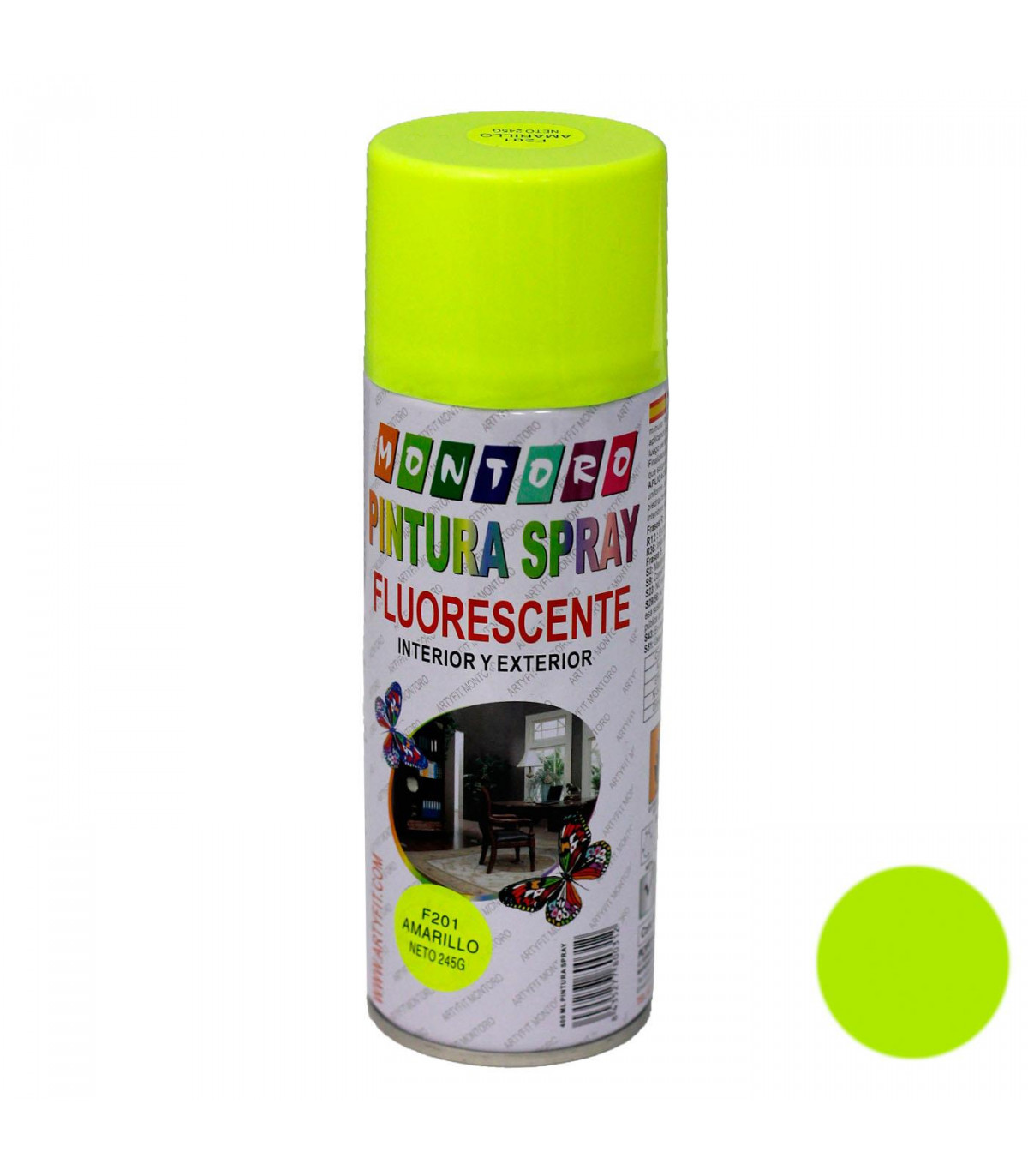 Montoro - Bote de pintura spray amarillo fluorescente F201 400 ml, para multitud de superficies de interior y exterior