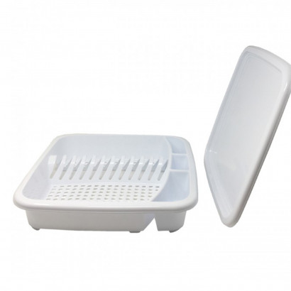 Tradineur - Escurreplatos con bandeja bloqueable en blanco 37 x 33 x 21 cm, Escurridor  platos plegable de plástico resistente