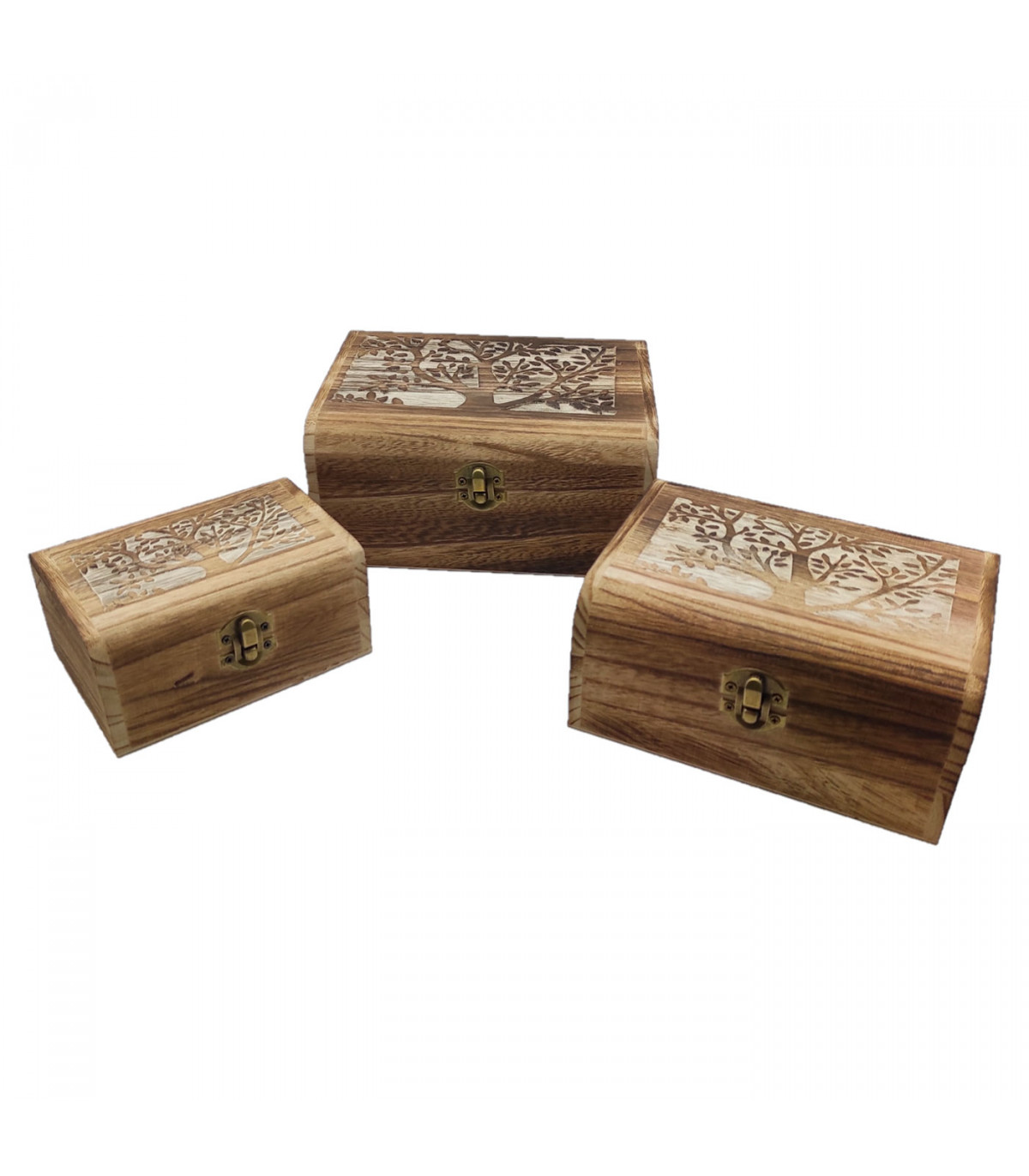 Conjunto 3 cajas de madera, forma de baúl, 9 x 19 x 15,5 cm, juego