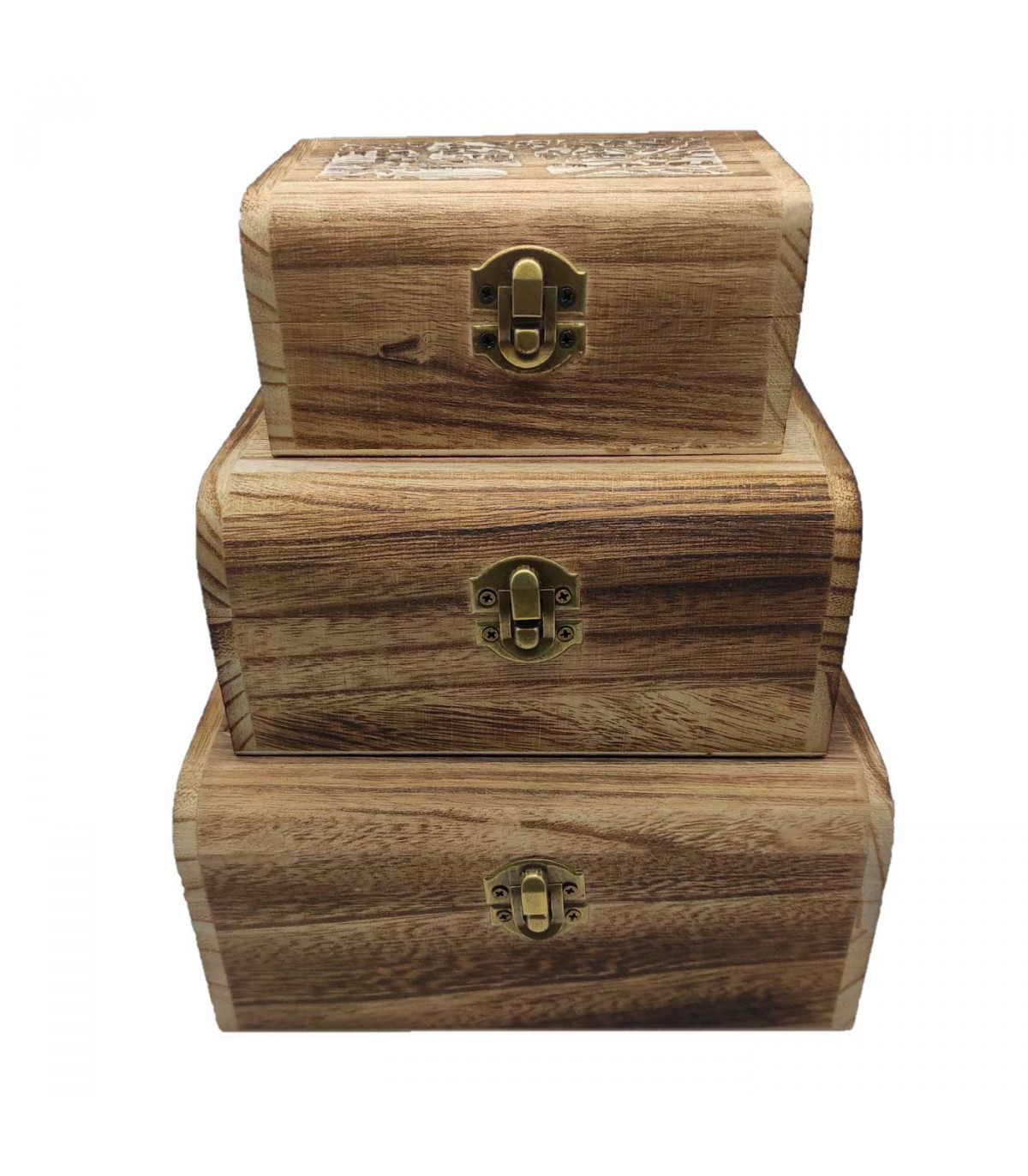 Set de 3 cajas de madera natural, forma de baúl, juego cajas decorativas  sin tratar, cierre metálico, almacenaje objetos, joyas