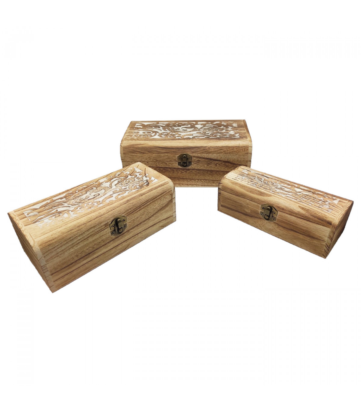Conjunto de 3 cajas de madera, forma de baúl, 9,5 x 25 x 14 cm