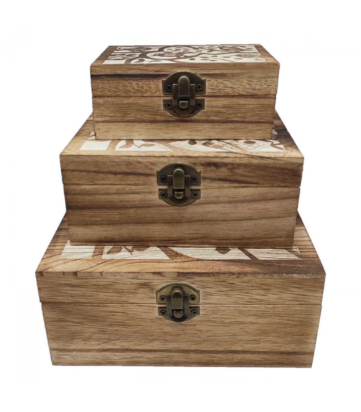 Conjunto 3 cajas rectangulares de madera 8 x 18 x 13,8 cm, juego cajas  decorativas, cierre metálico frontal, almacenaje objetos