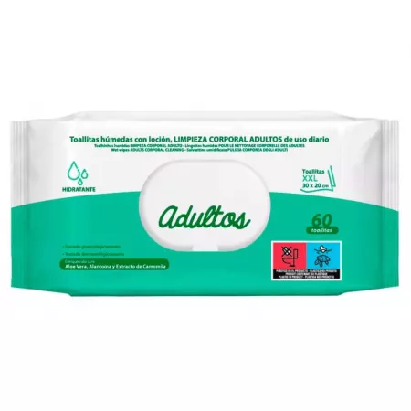 Toallitas Húmedas Adultos XXL 60 uds con Aloe y Camomila Toallitas Húmedas Adultos XXL 60 uds con Aloe y Camomila