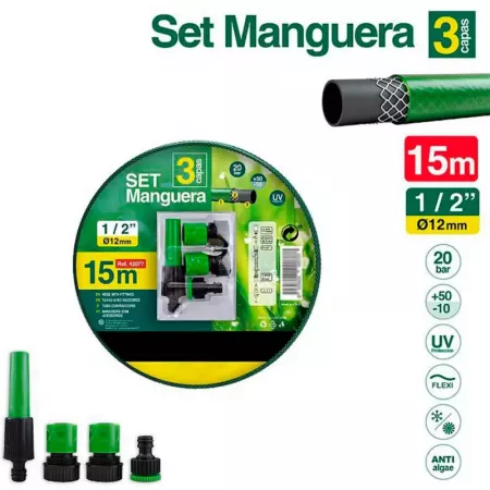 Manguera flexible PVC 15m 12mm con accesorios y boquilla ajustable Manguera flexible PVC 15m 12mm con accesorios y boquilla ajustable
