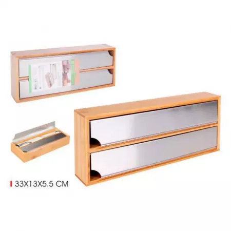 Soporte bambú con sierra para film y aluminio 2 compartimentos Soporte bambú con sierra para film y aluminio 2 compartimentos
