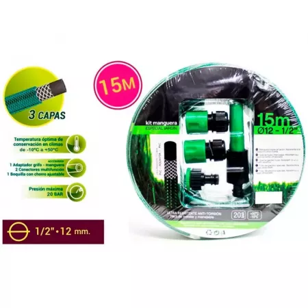 Manguera flexible PVC 15m 12mm con accesorios y boquilla ajustable Manguera flexible PVC 15m 12mm con accesorios y boquilla ajustable