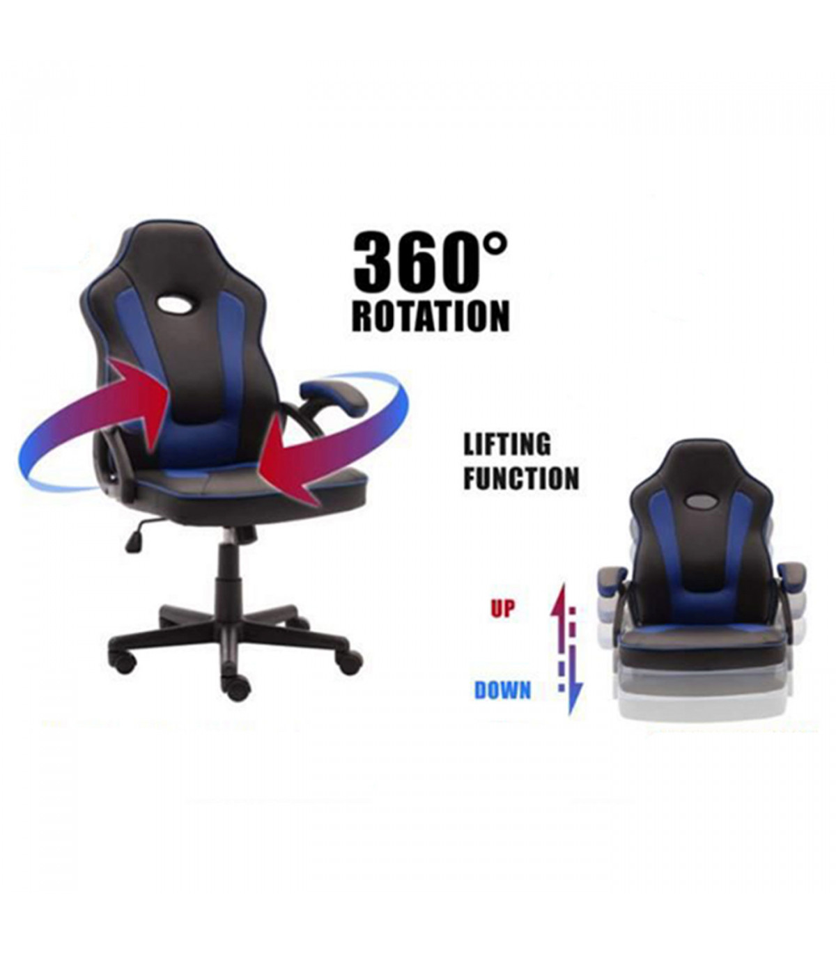 Silla gaming de cuero sintético, ergonómica, negro y azul, silla