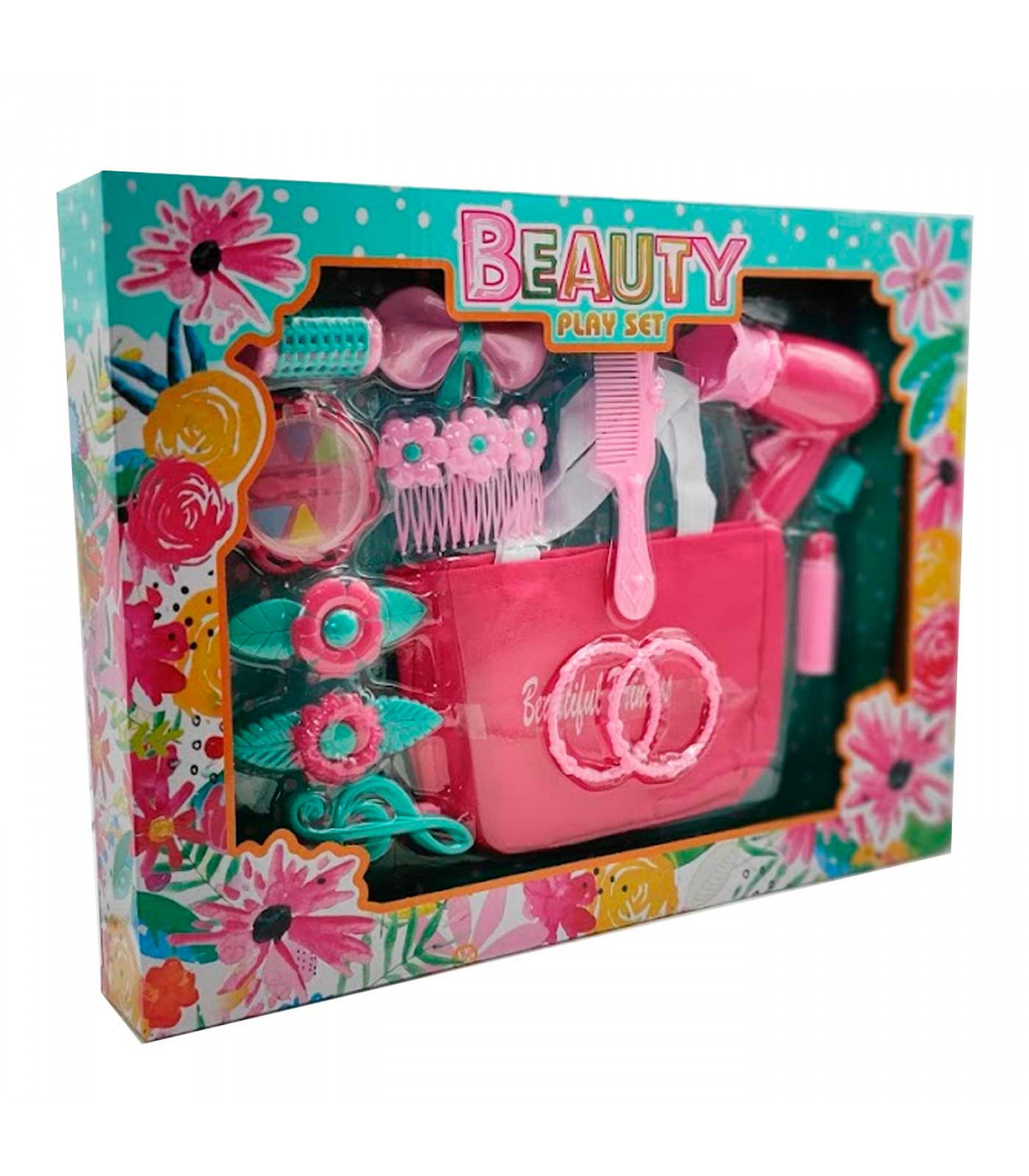 Toinsa - Set juguete de de belleza maquillaje con bolsa, conjunto belleza para niña, secador, prendedores