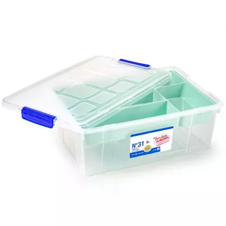 Caja de almacenaje 9L con 4 compartimentos y cierre clip Caja de almacenaje 9L con 4 compartimentos y cierre clip