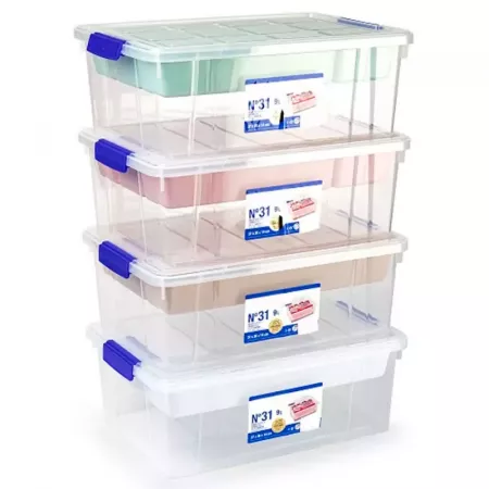 Caja de almacenaje 9L con 4 compartimentos y cierre clip Caja de almacenaje 9L con 4 compartimentos y cierre clip
