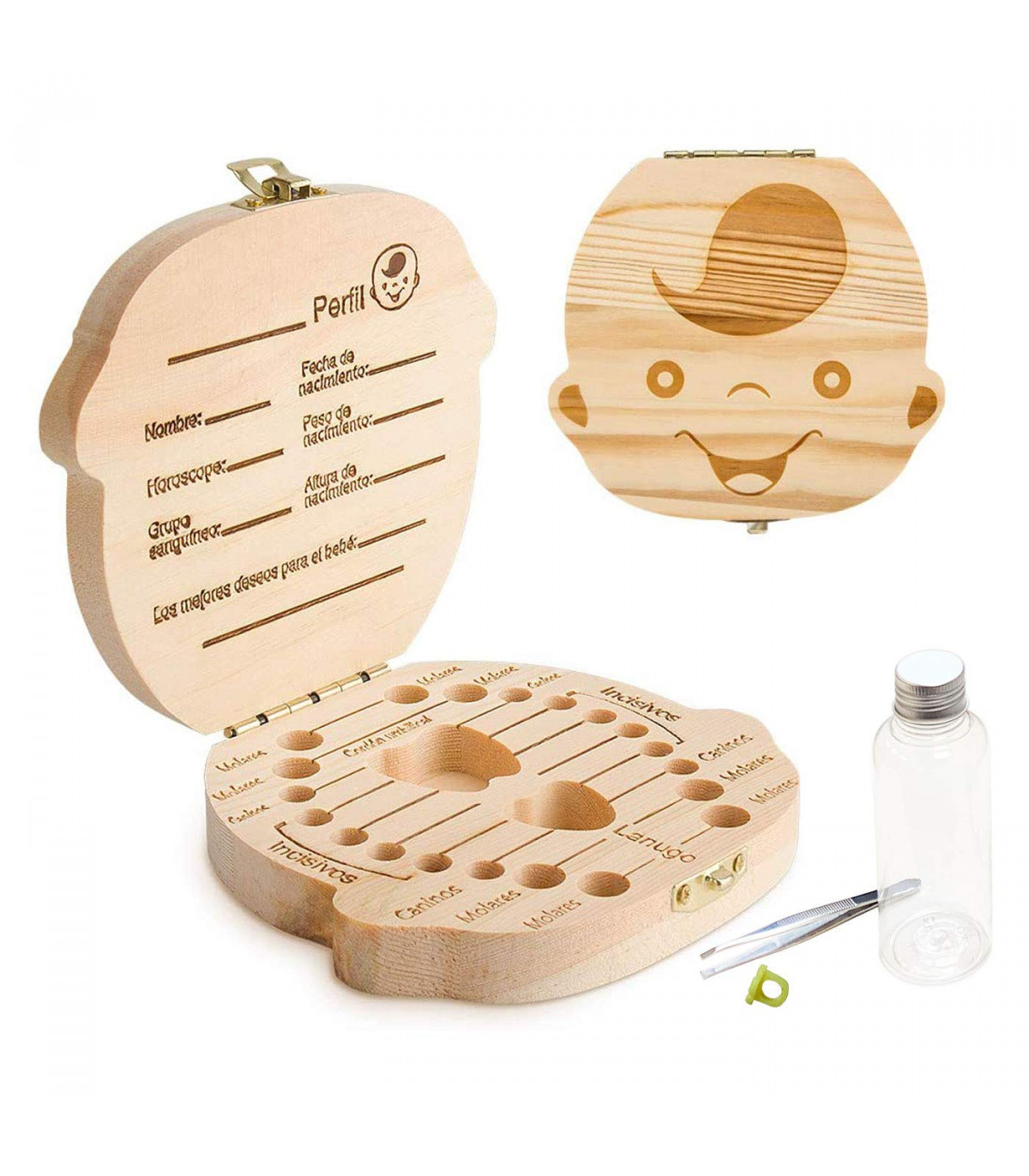 Caja de madera para guardar dientes de leche, bote pinza incluidos, regalo para niños, almacenaje huecos para 12,7 x