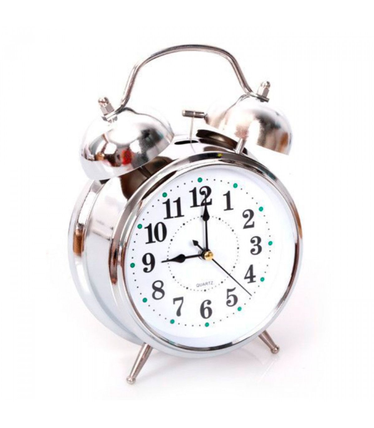 Reloj despertador analógico, clásico, retro, esfera, timbre, color  plateado, metálico, con luz, a pilas, dimensiones 7 x 22 x 4.