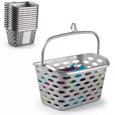 Cesta para pinzas con asa y gancho, plástico resistente plata Cesta para pinzas con asa y gancho, plástico resistente plata