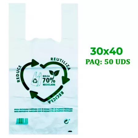 Pack 50 bolsas camiseta 30x40 cm recicladas y reutilizables
